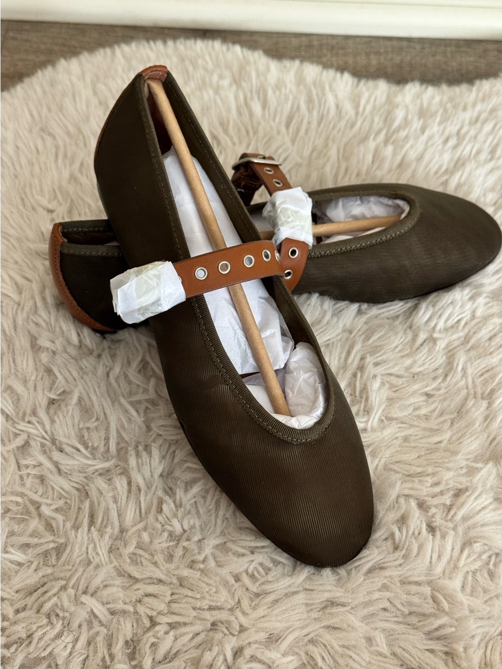 Madewell Olive Green Remy Mary Jane Flats with Tan Strap- NIB Safari Khaki